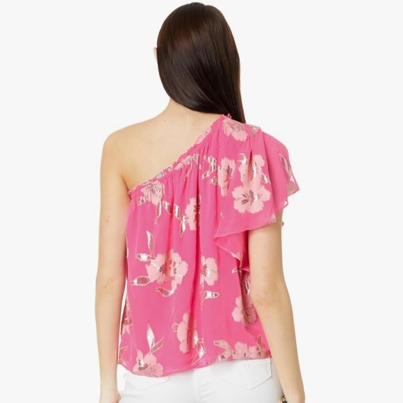 Lilly Pulitzer Sarahleigh One Shoulde Silk Top Blouse, Pink, Feminine, - Picture 4 of 11